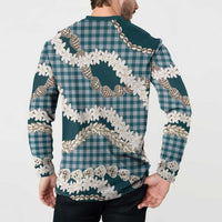 Dark Cyan Hawaii Tiare and Shell Lei Button Sweatshirt Hawaiian Palaka Luxury Vibes LT14 - Polynesian Pride