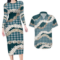 Dark Cyan Hawaii Tiare and Shell Lei Couples Matching Long Sleeve Bodycon Dress and Hawaiian Shirt Hawaiian Palaka Luxury Vibes - Polynesian Pride