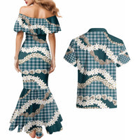 Dark Cyan Hawaii Tiare and Shell Lei Couples Matching Mermaid Dress and Hawaiian Shirt Hawaiian Palaka Luxury Vibes - Polynesian Pride