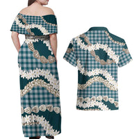 Dark Cyan Hawaii Tiare and Shell Lei Couples Matching Off Shoulder Maxi Dress and Hawaiian Shirt Hawaiian Palaka Luxury Vibes - Polynesian Pride