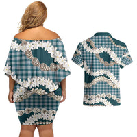 Dark Cyan Hawaii Tiare and Shell Lei Couples Matching Off Shoulder Short Dress and Hawaiian Shirt Hawaiian Palaka Luxury Vibes - Polynesian Pride