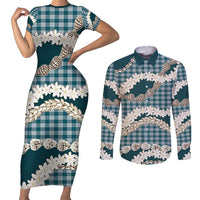 Dark Cyan Hawaii Tiare and Shell Lei Couples Matching Short Sleeve Bodycon Dress and Long Sleeve Button Shirt Hawaiian Palaka Luxury Vibes - Polynesian Pride
