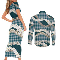 Dark Cyan Hawaii Tiare and Shell Lei Couples Matching Short Sleeve Bodycon Dress and Long Sleeve Button Shirt Hawaiian Palaka Luxury Vibes - Polynesian Pride
