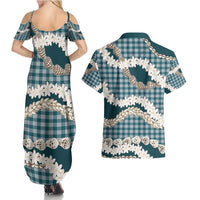 Dark Cyan Hawaii Tiare and Shell Lei Couples Matching Summer Maxi Dress and Hawaiian Shirt Hawaiian Palaka Luxury Vibes - Polynesian Pride