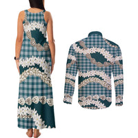 Dark Cyan Hawaii Tiare and Shell Lei Couples Matching Tank Maxi Dress and Long Sleeve Button Shirt Hawaiian Palaka Luxury Vibes - Polynesian Pride
