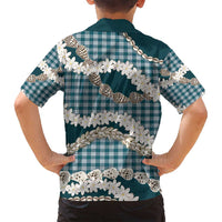 Dark Cyan Hawaii Tiare and Shell Lei Family Matching Long Sleeve Bodycon Dress and Hawaiian Shirt Hawaiian Palaka Luxury Vibes - Polynesian Pride