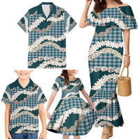 Dark Cyan Hawaii Tiare and Shell Lei Family Matching Mermaid Dress and Hawaiian Shirt Hawaiian Palaka Luxury Vibes - Polynesian Pride