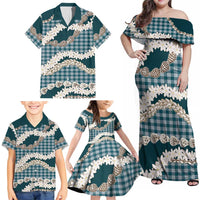 Dark Cyan Hawaii Tiare and Shell Lei Family Matching Off Shoulder Maxi Dress and Hawaiian Shirt Hawaiian Palaka Luxury Vibes - Polynesian Pride