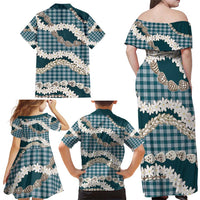 Dark Cyan Hawaii Tiare and Shell Lei Family Matching Off Shoulder Maxi Dress and Hawaiian Shirt Hawaiian Palaka Luxury Vibes - Polynesian Pride