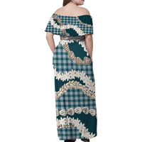 Dark Cyan Hawaii Tiare and Shell Lei Family Matching Off Shoulder Maxi Dress and Hawaiian Shirt Hawaiian Palaka Luxury Vibes - Polynesian Pride