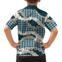 Dark Cyan Hawaii Tiare and Shell Lei Family Matching Off Shoulder Short Dress and Hawaiian Shirt Hawaiian Palaka Luxury Vibes - Polynesian Pride