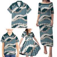 Dark Cyan Hawaii Tiare and Shell Lei Family Matching Puletasi and Hawaiian Shirt Hawaiian Palaka Luxury Vibes - Polynesian Pride