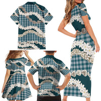 Dark Cyan Hawaii Tiare and Shell Lei Family Matching Short Sleeve Bodycon Dress and Hawaiian Shirt Hawaiian Palaka Luxury Vibes - Polynesian Pride