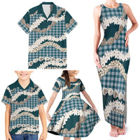 Dark Cyan Hawaii Tiare and Shell Lei Family Matching Tank Maxi Dress and Hawaiian Shirt Hawaiian Palaka Luxury Vibes - Polynesian Pride