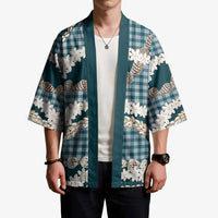 Dark Cyan Hawaii Tiare and Shell Lei Kimono Hawaiian Palaka Luxury Vibes - Polynesian Pride