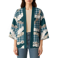 Dark Cyan Hawaii Tiare and Shell Lei Kimono Hawaiian Palaka Luxury Vibes - Polynesian Pride