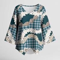 Dark Cyan Hawaii Tiare and Shell Lei Kimono Sleeve Blouse Hawaiian Palaka Luxury Vibes LT14 Female Dark Cyan - Polynesian Pride