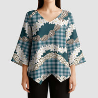 Dark Cyan Hawaii Tiare and Shell Lei Kimono Sleeve Blouse Hawaiian Palaka Luxury Vibes LT14 - Polynesian Pride