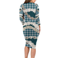 Dark Cyan Hawaii Tiare and Shell Lei Long Sleeve Bodycon Dress Hawaiian Palaka Luxury Vibes - Polynesian Pride