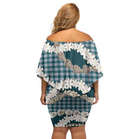 Dark Cyan Hawaii Tiare and Shell Lei Off Shoulder Short Dress Hawaiian Palaka Luxury Vibes - Polynesian Pride