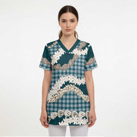 Dark Cyan Hawaii Tiare and Shell Lei Scrub Top Hawaiian Palaka Luxury Vibes LT14 - Polynesian Pride