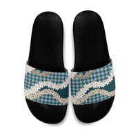 Dark Cyan Hawaii Tiare and Shell Lei Slide Sandals Hawaiian Palaka Luxury Vibes - Polynesian Pride