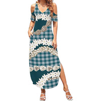 Dark Cyan Hawaii Tiare and Shell Lei Summer Maxi Dress Hawaiian Palaka Luxury Vibes LT14 Women Dark Cyan - Polynesian Pride