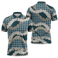 Dark Cyan Hawaii Tiare and Shell Lei Zipper Polo Shirt Hawaiian Palaka Luxury Vibes - Polynesian Pride