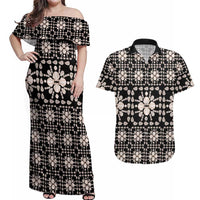Aloha Hawaii Shell Quilt Couples Matching Off Shoulder Maxi Dress and Hawaiian Shirt Seamless Style LT14 Black - Polynesian Pride