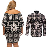 Aloha Hawaii Shell Quilt Couples Matching Off Shoulder Short Dress and Long Sleeve Button Shirt Seamless Style - Polynesian Pride