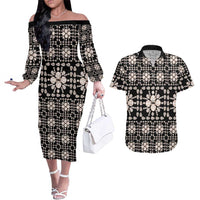 Aloha Hawaii Shell Quilt Couples Matching Off The Shoulder Long Sleeve Dress and Hawaiian Shirt Seamless Style LT14 Black - Polynesian Pride