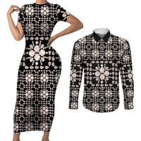 Aloha Hawaii Shell Quilt Couples Matching Short Sleeve Bodycon Dress and Long Sleeve Button Shirt Seamless Style LT14 Black - Polynesian Pride