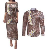 Mocha Mousse Polynesian Tribal Frangipani Tropical Vibe Couples Matching Puletasi and Long Sleeve Button Shirt LT14 Mocha Mousse - Polynesian Pride
