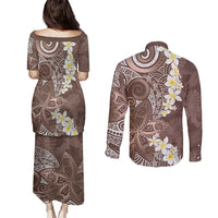 Mocha Mousse Polynesian Tribal Frangipani Tropical Vibe Couples Matching Puletasi and Long Sleeve Button Shirt LT14 - Polynesian Pride