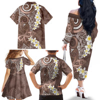 Mocha Mousse Polynesian Tribal Frangipani Tropical Vibe Family Matching Off The Shoulder Long Sleeve Dress and Hawaiian Shirt