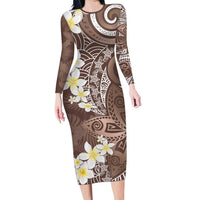 Mocha Mousse Polynesian Tribal Frangipani Tropical Vibe Long Sleeve Bodycon Dress LT14 Long Dress Mocha Mousse - Polynesian Pride