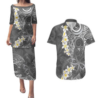 Gray Polynesian Tribal Frangipani Tropical Vibe Couples Matching Puletasi and Hawaiian Shirt LT14 Gray - Polynesian Pride