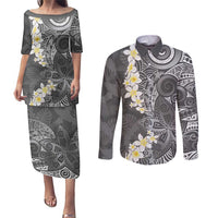 Gray Polynesian Tribal Frangipani Tropical Vibe Couples Matching Puletasi and Long Sleeve Button Shirt LT14 Gray - Polynesian Pride