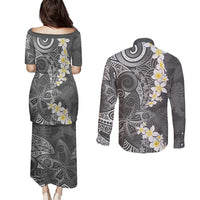 Gray Polynesian Tribal Frangipani Tropical Vibe Couples Matching Puletasi and Long Sleeve Button Shirt LT14 - Polynesian Pride