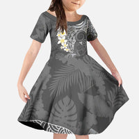 Gray Polynesian Tribal Frangipani Tropical Vibe Family Matching Off The Shoulder Long Sleeve Dress and Hawaiian Shirt