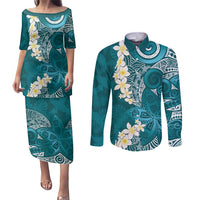 Cyan Polynesian Tribal Frangipani Tropical Vibe Couples Matching Puletasi and Long Sleeve Button Shirt LT14 Cyan - Polynesian Pride