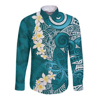 Cyan Polynesian Tribal Frangipani Tropical Vibe Long Sleeve Button Shirt LT14 Unisex Cyan - Polynesian Pride