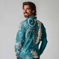 Cyan Polynesian Tribal Frangipani Tropical Vibe Long Sleeve Polo Shirt