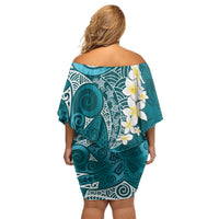 Cyan Polynesian Tribal Frangipani Tropical Vibe Off Shoulder Short Dress LT14 - Polynesian Pride