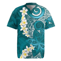 Cyan Polynesian Tribal Frangipani Tropical Vibe Rugby Jersey