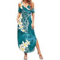 Cyan Polynesian Tribal Frangipani Tropical Vibe Summer Maxi Dress LT14 Women Cyan - Polynesian Pride