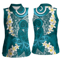 Cyan Polynesian Tribal Frangipani Tropical Vibe Women Sleeveless Polo Shirt