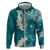 Cyan Polynesian Tribal Frangipani Tropical Vibe Zip Hoodie
