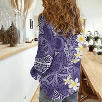 Violet Polynesian Tribal Frangipani Tropical Vibe Women Casual Shirt