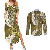 Gold Polynesian Tribal Frangipani Tropical Vibe Couples Matching Summer Maxi Dress and Long Sleeve Button Shirt LT14 Gold - Polynesian Pride